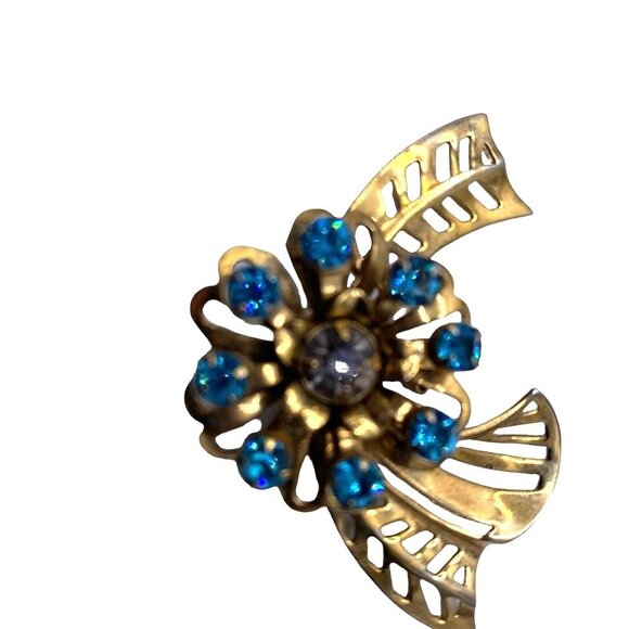 Vintage Blue Faceted Flower Gold Tone Fashion Brooch Pin Open Work Round Stones - Picture 7 of 9